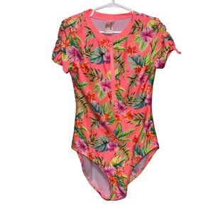Bright Tropical Floral Zip-Up Rash Guard Swimsuit One-Piece Girls M